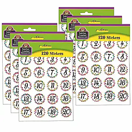 Teacher Created Resources® Stickers, Confetti Numbers, 120 Stickers Per Pack, Set Of 6 Packs