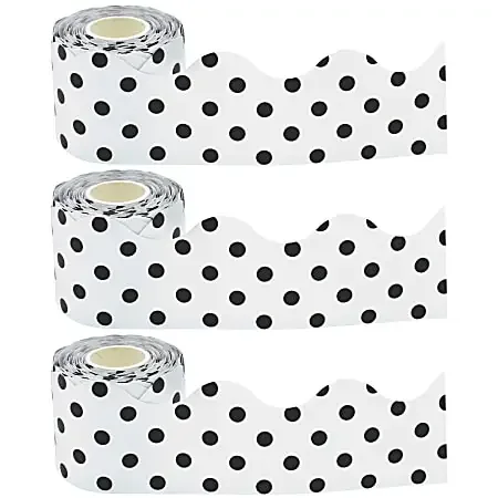 Teacher Created Resources Scalloped Border Trim, Black Polka Dots/White, 50‘ Per Roll, Pack Of 3 Rolls