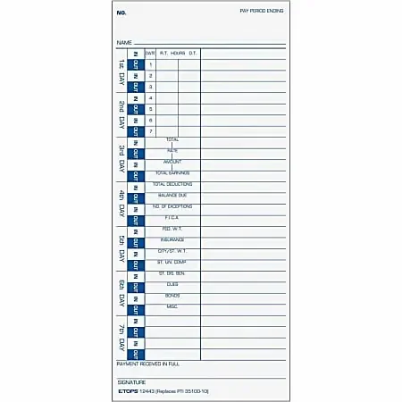 TOPS One-Side Weekly Time Cards – 4″ x 9″ Sheet Size – White Sheet(s) – Blue Print Color – 100 / Pack