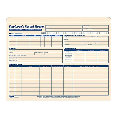 TOPS® Employee Record Master File Jackets, 11 3/4″ x 9 1/2″, Manila, Pack Of 20