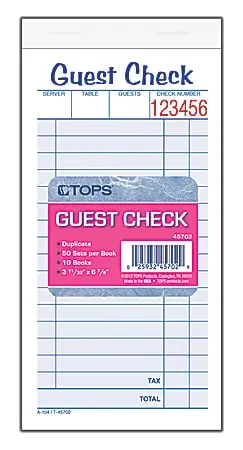 TOPS™ Guest Check Books, 2-Part Carbonless, 50 Sheets, Pack of 10