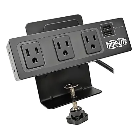 Tripp Lite Protect It! TLP310USBC 3-Outlet Surge Protector With 2 USB Ports & Desk Clamp, 10‘, Black