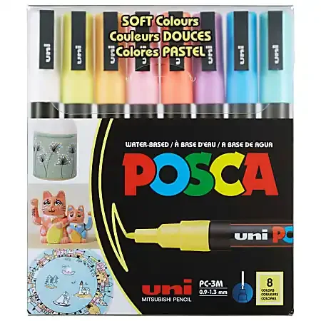 Uni-Ball POSCA PC 3M Water Based Paint Markers, Reversible Fine Tip (0.9 1.3mm), Soft Colors, 8ct