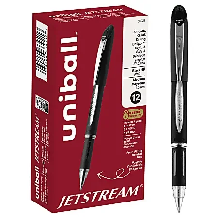 uniball® Jetstream™ Ballpoint Pens, Medium Point, 1.0 mm, Black Barrel, Black Ink, Box Of 12