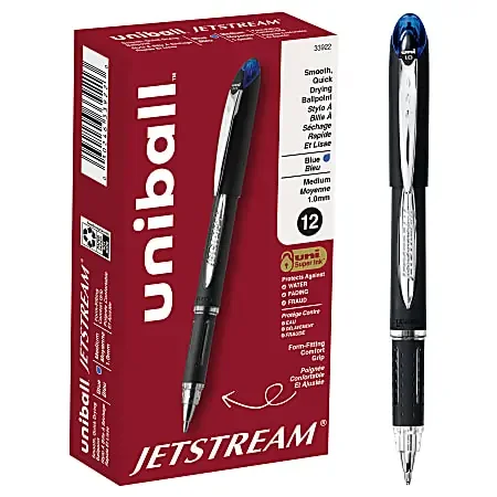 uniball® Jetstream™ Ballpoint Pens, Medium Point, 1.0 mm, Black Barrel, Blue Ink, Box Of 12