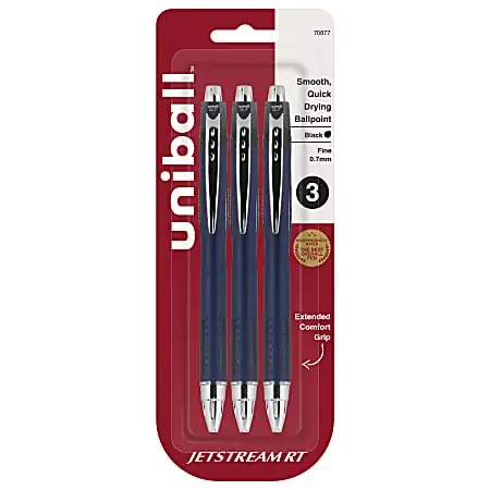 uniball® Jetstream™ RT Retractable Ballpoint Pens, Fine Point, 0.7 mm, Blue Barrel, Black Ink, Pack Of 3