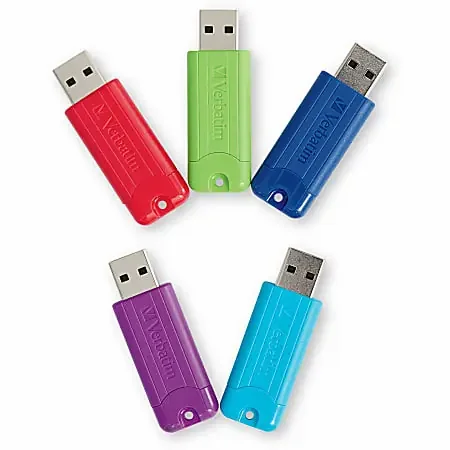 Verbatim 32GB PinStripe USB 3.2 Gen 1 Flash Drive – 5pk – Assorted – 32GB – 5pk – Assorted