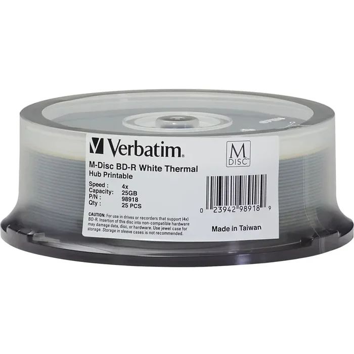 Verbatim M-Disc BD-R 25GB 4X White Thermal Printable, Hub Printable – 25pk Spindle