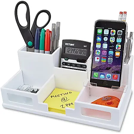 Victor W9525 Pure White Desk Organizer with Smart Phone Holder- 6 Compartment(s) – 3.5″x5.5″x 10.4″ Depth – White – Wood, Frosted Glass, Rubber