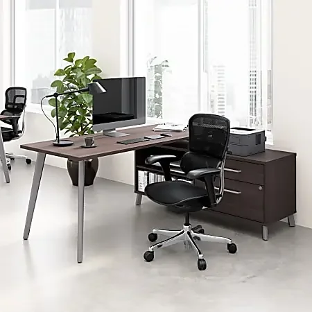 WorkPro® Motiva 72″W Modern Corner Desk With Drawers And Shelves, Storm Gray, Standard Delivery