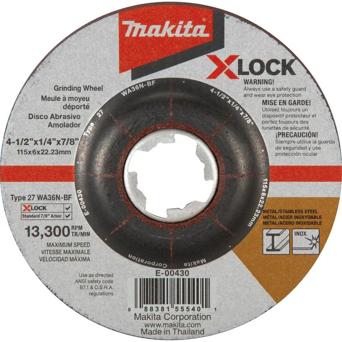 X-LOCK 4-1/2in x 1/4in x 7/8in Type 27 General Purpose 36 Grit Abrasive Grinding Wheel for Metal & Stainless Steel Grinding E-00430