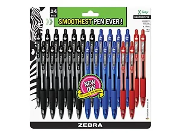 Zebra® Pen Z-Grip® Retractable Ballpoint Pens, Pack Of 24, Medium Point, 1.0 mm, Translucent Barrel, Assorted Ink Colors
